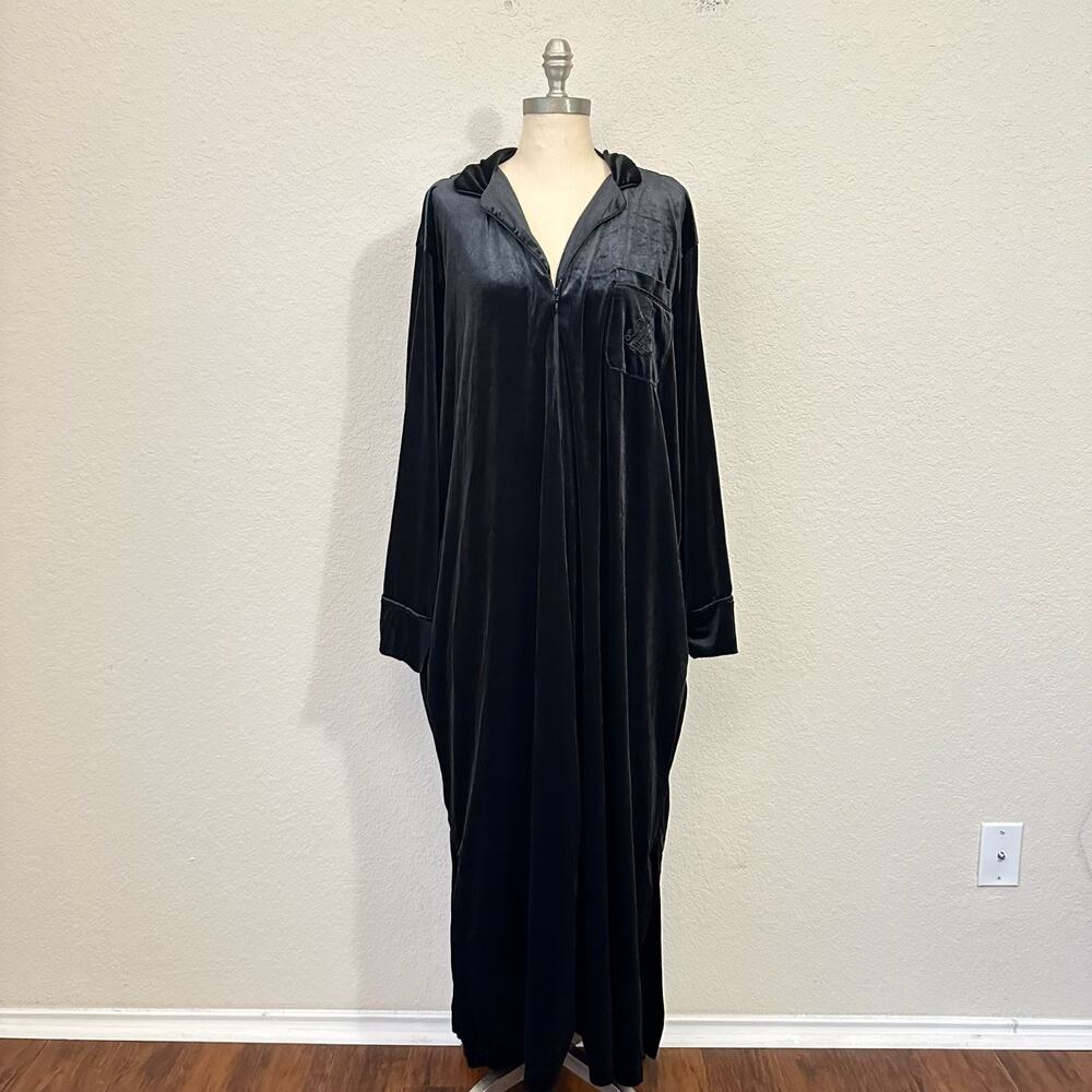 LAUREN RALPH LAUREN Nightgown Black Velvet LS Embroidered Lounge Dress